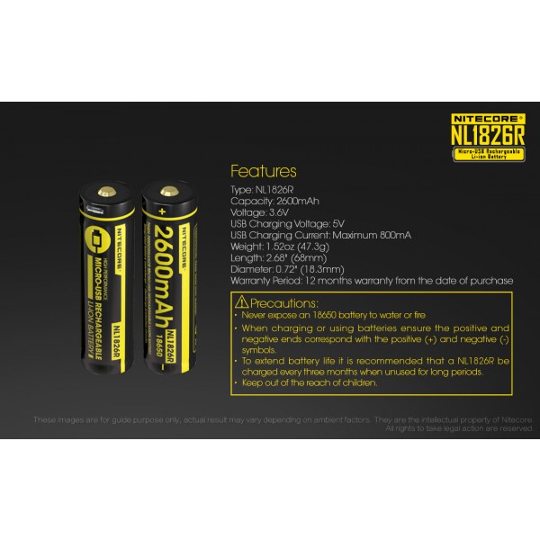 Acumulator Nitecore 18650 Li-Ion 2600 mAh NL1826R cu PCB Reincarcabil US