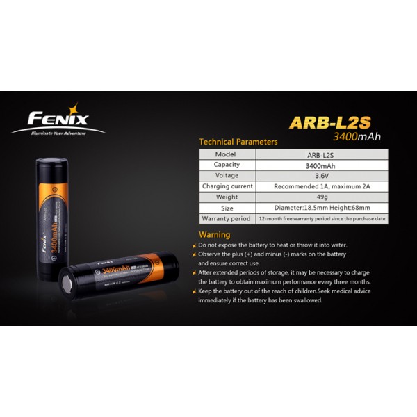 Acumulator Fenix ARB-L2S (NCR18650B) 18650 Li-Ion 3400 mAh (Contact Buton) cu Protecție (PCB)