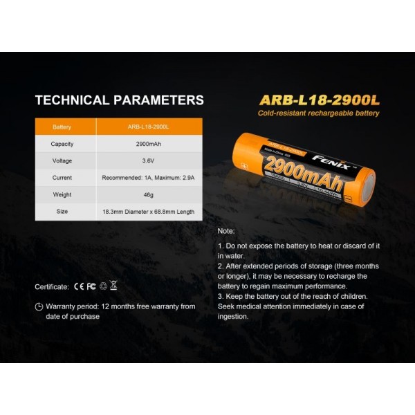 Fenix ARB-L 18-2900L, Acumulator 18650 2900mAh