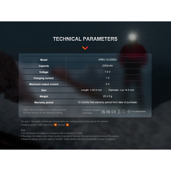 Fenix ARB-L14-2200U, Acumulator 14500, Li-Ion, 2200 mAh, Reincarcabil USB-C, 1.5 V www.easylight.ro