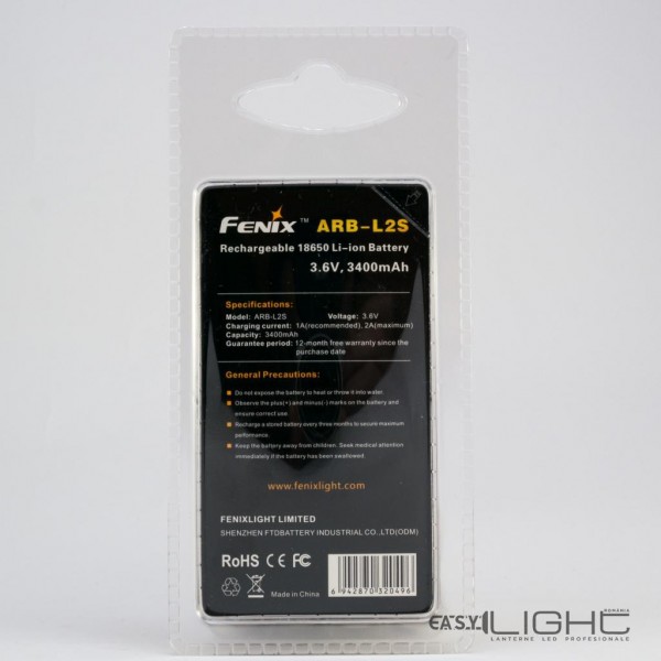 Acumulator Fenix ARB-L2S (NCR18650B) 18650 Li-Ion 3400 mAh (Contact Buton) cu Protecție (PCB)
