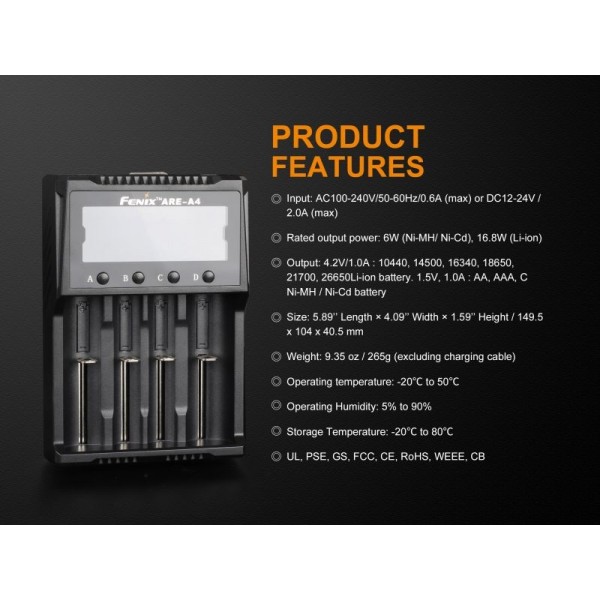 Fenix ARE-A4, Încărcător Universal Inteligent Acumulatori Li-Ion/Ni-MH/Ni-Cd