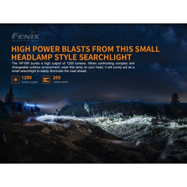 Fenix HP16R, Lanternă Frontală, Reîncărcabilă USB-C, 1250 Lumeni, 255 Metri 