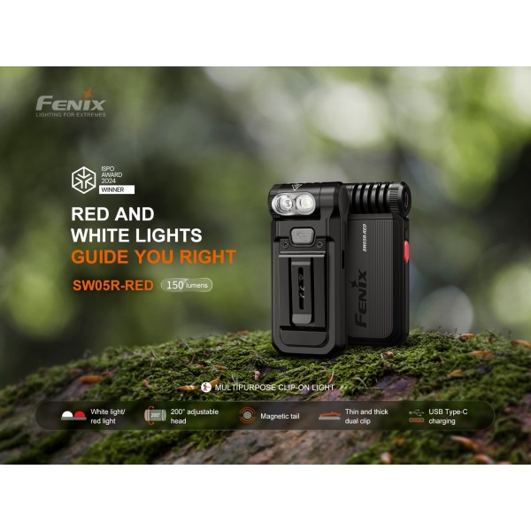 Fenix SW05R-Red, Lanterna Clip-on, Reincarcabila USB-C, 150 Lumeni, 39 Metri, Lumina Rosie Secundara www.easylight.ro