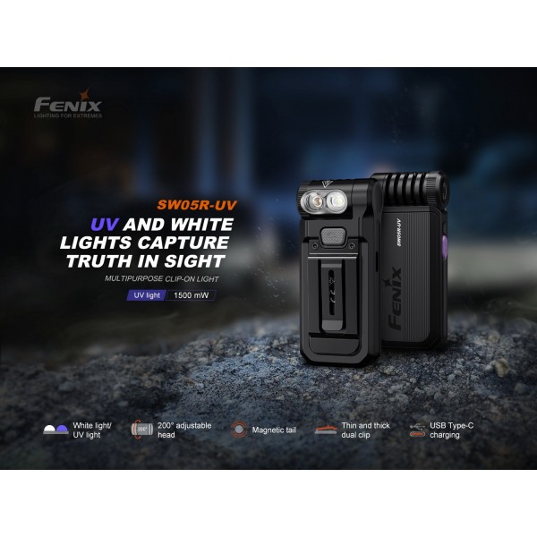 Fenix SW05R-UV, Lanterna Clip-on, Reincarcabila USB-C, 150 Lumeni, 39 Metri, Lumina UV Secundara www.easylight.ro
