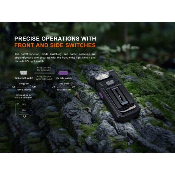 Fenix SW05R-UV, Lanterna Clip-on, Reincarcabila USB-C, 150 Lumeni, 39 Metri, Lumina UV Secundara www.easylight.ro
