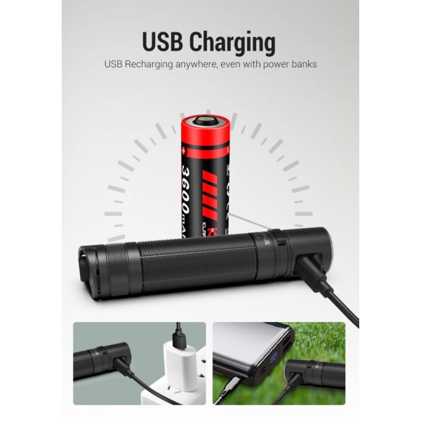 Klarus E2, Lanternă Profesională, Reîncărcabilă USB, 1600 Lumeni, 190 Metri