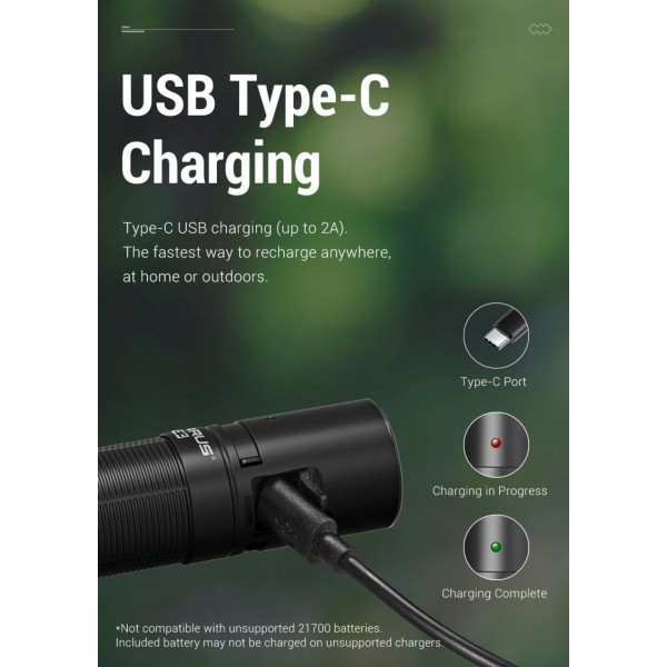 Klarus E3, Lanternă Profesională, Reîncărcabilă USB-C, 2200 Lumeni, 230 Metri