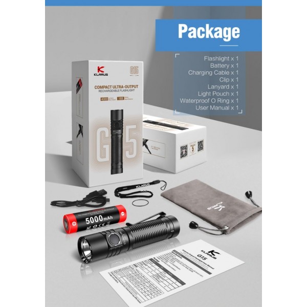 Klarus G15, Lanternă Profesională, Reîncărcabilă USB-C, 4000 Lumeni, 188 Metri
