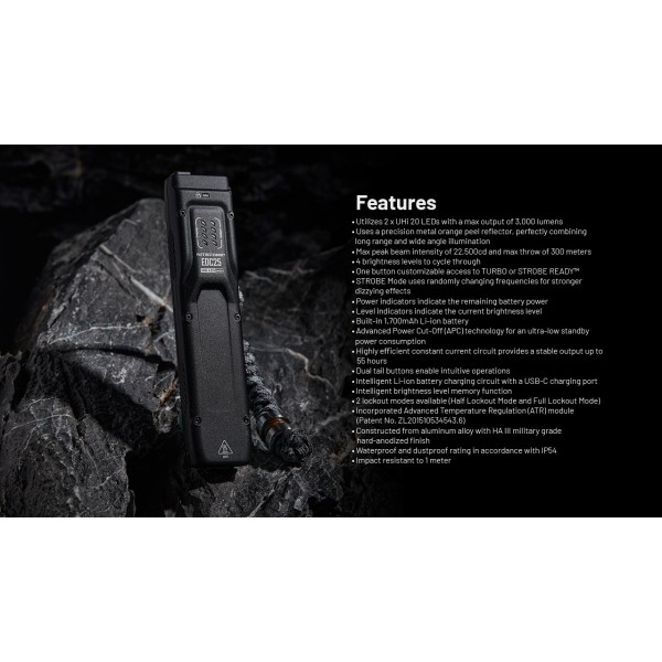 Nitecore EDC25, Lanterna, Reîncărcabilă USB-C, 3000 Lumeni, 300 Metri