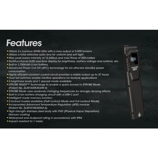 Nitecore EDC27, Lanterna Profesionala, Reincarcabila USB-C, 3000 Lumeni, 220 Metri www.easylight.ro