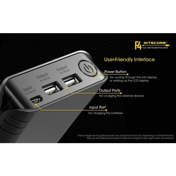 Nitecore F4, Încărcător Digital, Powerbank, USB, 4 Acumulatori