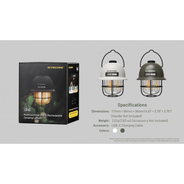 Nitecore LR40, Felinar, Reîncărcabil USB-C, 100 Lumeni, Functie Powerbank, Alb