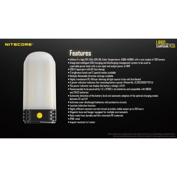 Nitecore LR60, Lanternă Camping, Reîncărcabilă USB C, 280 Lumeni, 28 Metri
