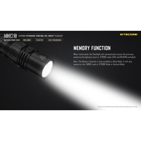 Nitecore MH12S, Lanternă, Reîncărcabilă USB-C, 1800 Lumeni, 294 Metri