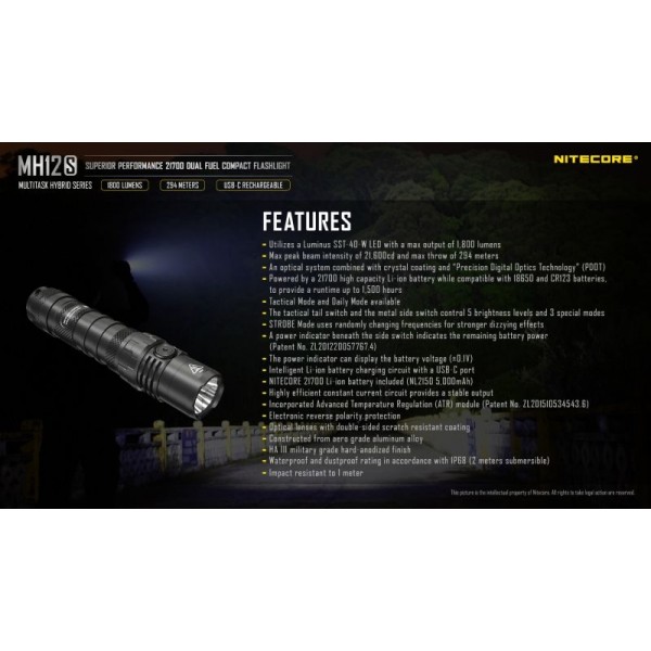 Nitecore MH12S, Lanternă, Reîncărcabilă USB-C, 1800 Lumeni, 294 Metri