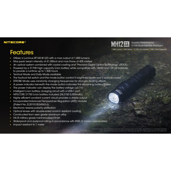 Nitecore MH12SE, Lanternă Profesionala, Reîncărcabilă USB-C, 1800 Lumeni, 405 Metri www.easylight.ro