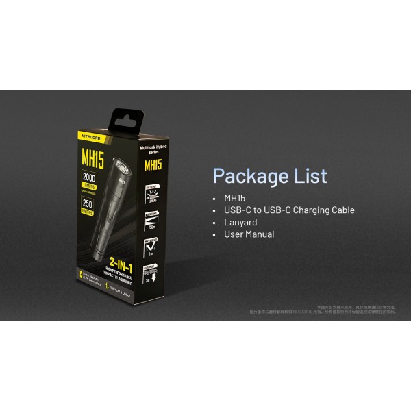Nitecore MH15, Lanternă Profesionala, Reîncărcabilă USB-C, 2000 Lumeni, 250 Metri, Functie Powerbank