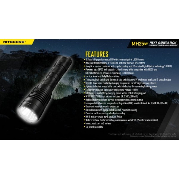 Nitecore MH25 V2, Lanternă Profesională, Reîncărcabilă USB-C, 1300 Lumeni, 475 Metri