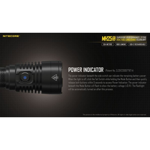 Nitecore MH25S, Lanternă, Reîncărcabilă USB-C, 1800 Lumeni, 504 Metri