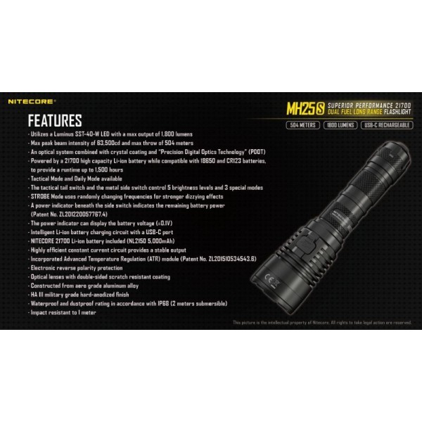 Nitecore MH25S, Lanternă, Reîncărcabilă USB-C, 1800 Lumeni, 504 Metri