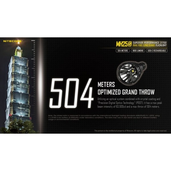 Nitecore MH25S, Lanternă, Reîncărcabilă USB-C, 1800 Lumeni, 504 Metri