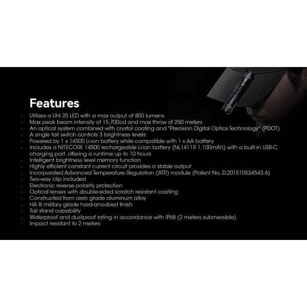 Nitecore MT1A Pro, Lanterna Profesionala, Reincarcabila USB-C, 800 Lumeni, 250 Metri