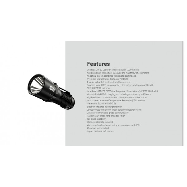Nitecore MT1C Pro, Lanterna Profesionala, Reincarcabila USB-C, 1000 Lumeni, 360 Metri www.easylight.ro