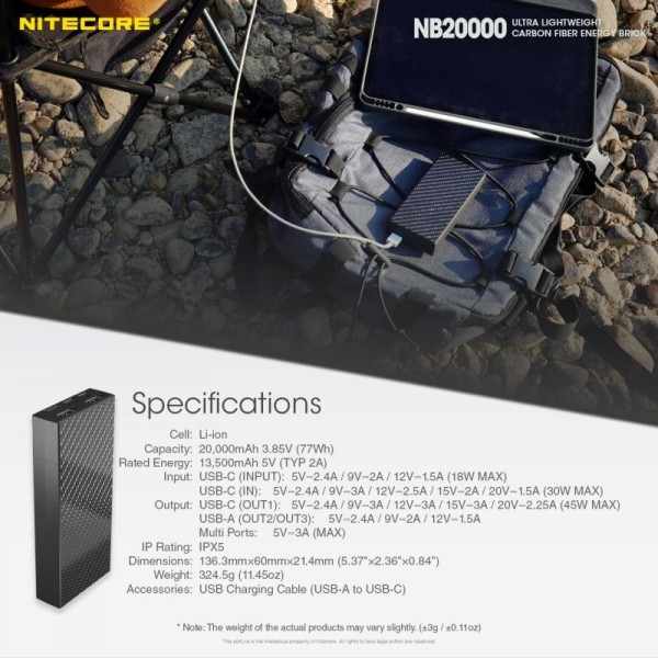 Nitecore NB20000, Baterie Externă, 77 Wh, 20000 mAh