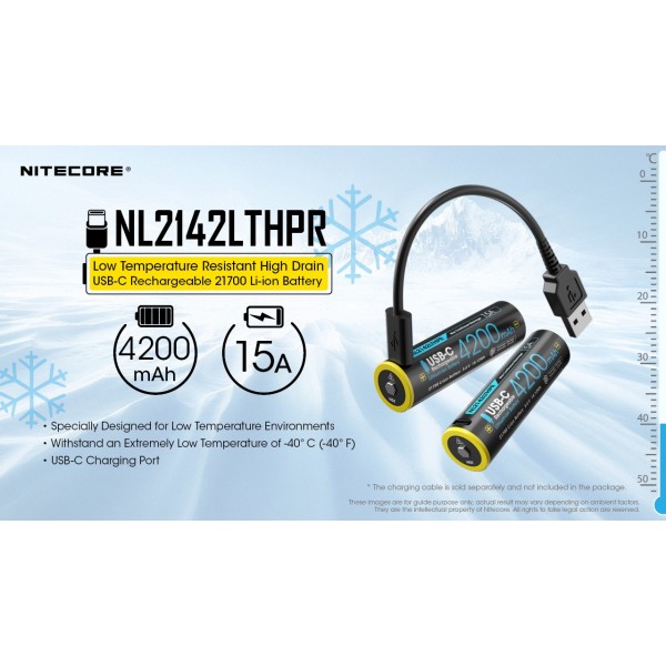 Nitecore NL2142LTHPR, High Drain, Acumulator 21700, Reincarcabil USB-C, Li-Ion, 4200 mAh, Rezistent Frig, 15A