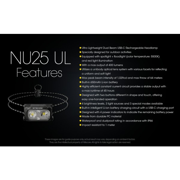 Nitecore NU25 UL, Lanterna Frontala, Reincarcabila USB-C, 400 Lumeni, 64 Metri www.easylight.ro