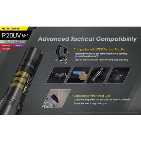 Nitecore P20UV V2, Lanternă Tactică, Led UV, 1000 Lumeni, 174 Metri