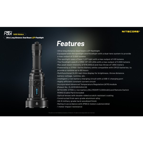 Nitecore P35i, Lanterna Profesionala, Reincarcabila USB-C, 3000 Lumeni, 1650 Metri www.easylight.ro