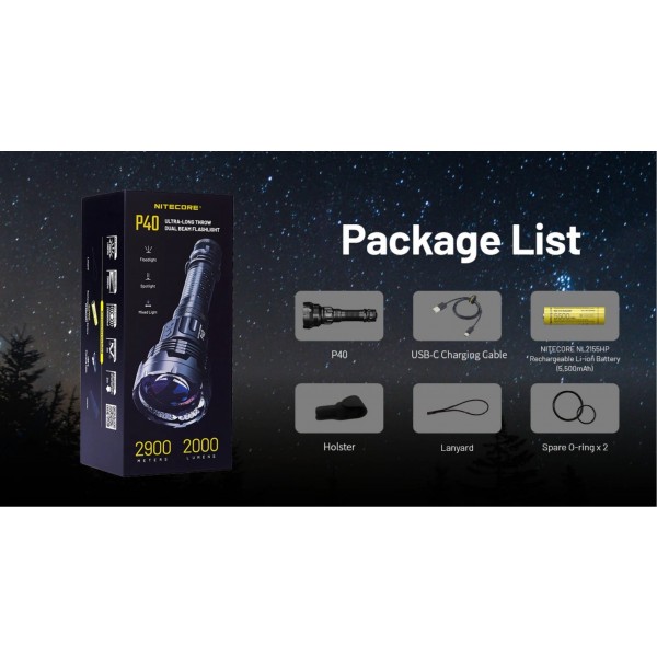 Nitecore P40, Lanternă Profesională, Reîncărcabila USB-C, 2000 Lumeni, 2900 Metri