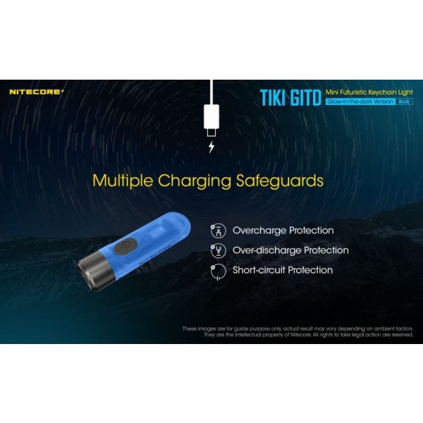 Nitecore TIKI GITD BLUE, Lanternă Breloc, 300 Lumeni, 71 Metri