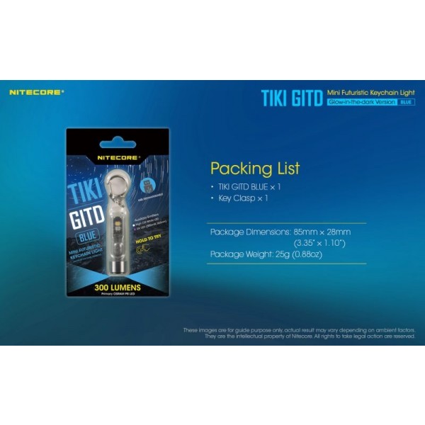 Nitecore TIKI GITD BLUE, Lanternă Breloc, 300 Lumeni, 71 Metri