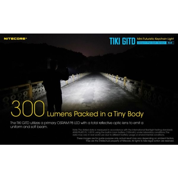 Nitecore TIKI GITD BLUE, Lanternă Breloc, 300 Lumeni, 71 Metri