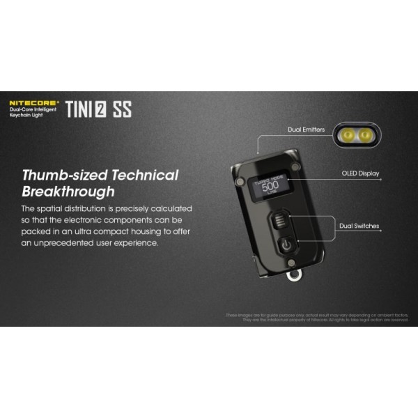 Nitecore TINI2 SS, Lanternă Breloc, Reîncărcabilă USB-C, 500 Lumeni, 89 Metri