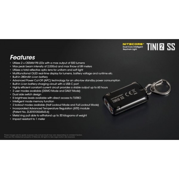 Nitecore TINI2 SS, Lanternă Breloc, Reîncărcabilă USB-C, 500 Lumeni, 89 Metri