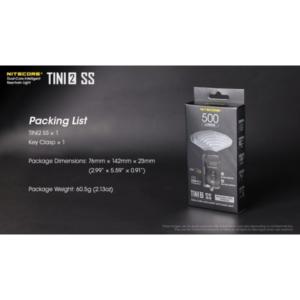 Nitecore TINI2 SS, Lanternă Breloc, Reîncărcabilă USB-C, 500 Lumeni, 89 Metri