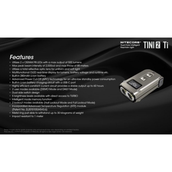 Nitecore TINI2 Ti, Lanternă Breloc, Reîncărcabilă USB-C, 500 Lumeni, 89 Metri