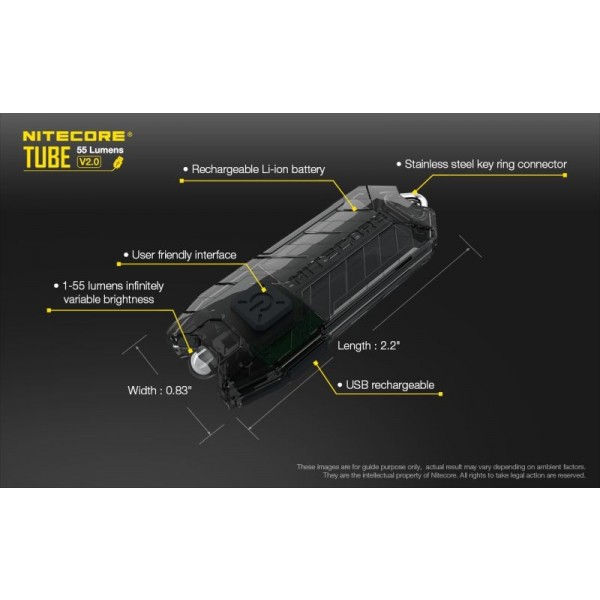 Nitecore Tube V2.0, Lanterna Breloc, Reîncărcabilă USB, Transparent, 55 Lumeni, 25 Metri